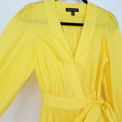 BANANA REPUBLIC Stampa Wrap Dress Yellow Tiered Skirt Long Sleeve Women's XS