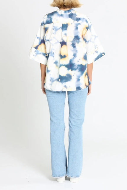 BASSIKE Boxy Collarless Shirt Blue Tie Dye Half Sleeve Casual Women's 3/US 8