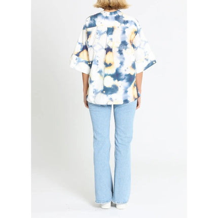 BASSIKE Boxy Collarless Shirt Blue Tie Dye Half Sleeve Casual Women's 3/US 8