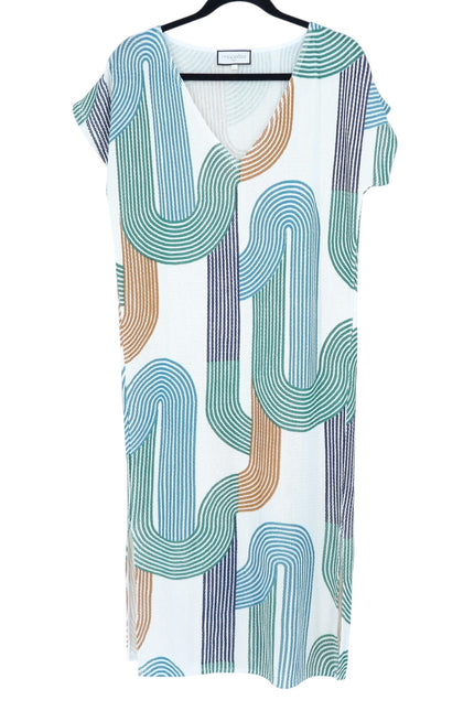 MAPOESIE Franca Sonora Dress Ivory Multi Abstract Knee Length V Neck Women's M