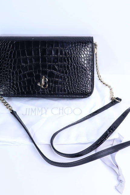 JIMMY CHOO Palace Croc-Embossed Crossbody Purse Black Leather and Chain Strap