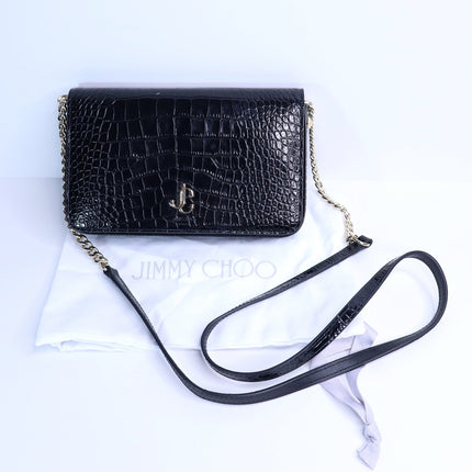 JIMMY CHOO Palace Croc-Embossed Crossbody Purse Black Leather and Chain Strap