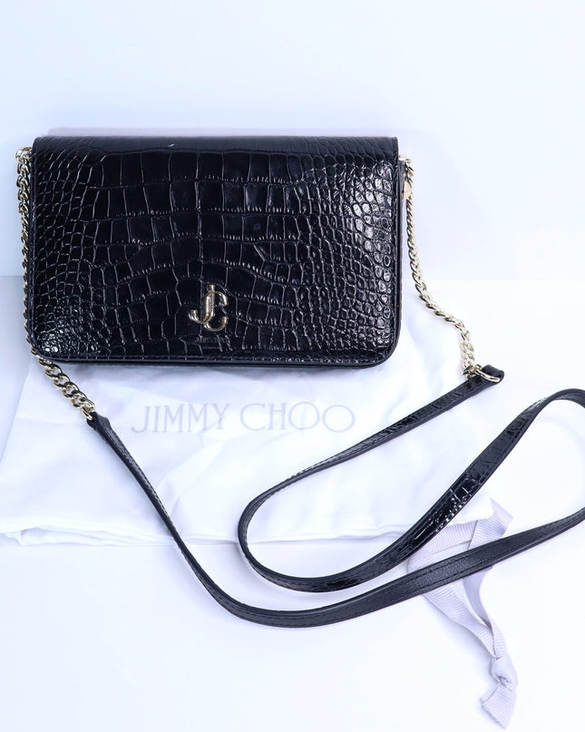 JIMMY CHOO Palace Croc-Embossed Crossbody Purse Black Leather and Chain Strap