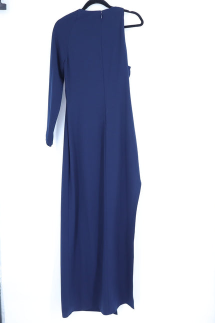 HALSTON HERITAGE Navy Blue Asymmetrical Gown Metal One Sleeve Women's 10