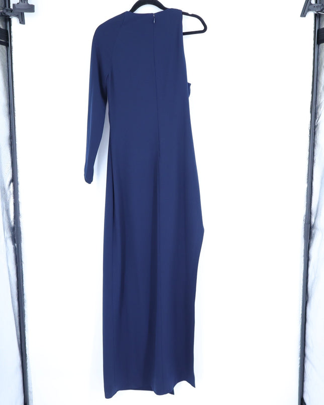 HALSTON HERITAGE Navy Blue Asymmetrical Gown Metal One Sleeve Women's 10