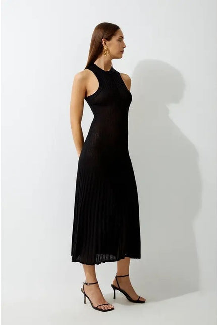 KAREN MILLEN NWT Linen Blend Racer Neck Knit Dress Black Full Skirt Women's XS