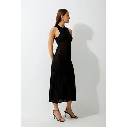 KAREN MILLEN Linen Blend Racer Neck Knit Dress NWT Black Full Skirt Women's XS