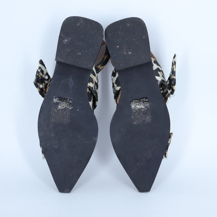 Ganni Leopard Slingback Flats Black Two Buckle Pointed Toe Women's 37/US 7
