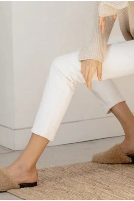JENNI KAYNE Shearling Slip On Mule Flats Tan Leather Pointed Toe Women's 36/US 6