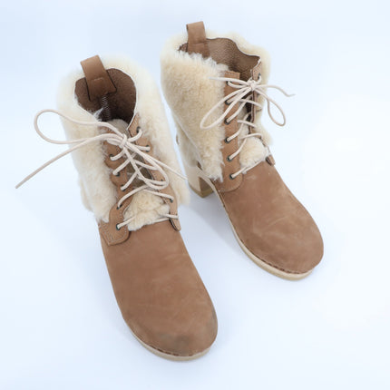 NO. 6 Clog Shearling Suede Ankle Boot Tan Heeled Lace Up Women's 42/US 11.5