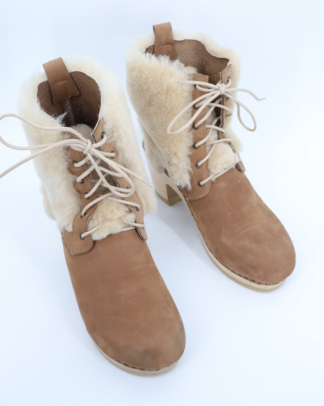 NO. 6 Clog Shearling Suede Ankle Boot Tan Heeled Lace Up Women's 42/US 11.5
