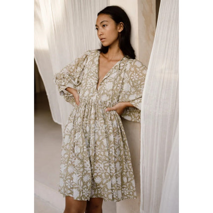 Daughters of India Kyra Mini Dress Olive Green Cotton Floral Print Women's M
