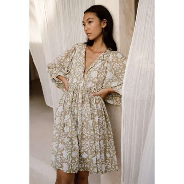 Daughters of India Kyra Mini Dress Olive Green Cotton Floral Print Women's M