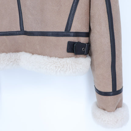 SAM Farryn Shearling Aviator Jacket Tan Black Leather Long Sleeve Coat Women's M