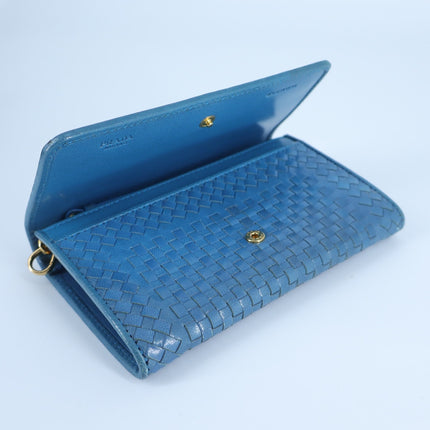 Prada Woven Leather Madras Wristlet Wallet Teal Purse Clutch Bag