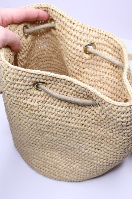PACO RABANNE Natural Raffia Bucket Bag Gold Chain Link Top Handle Crossbody Bag