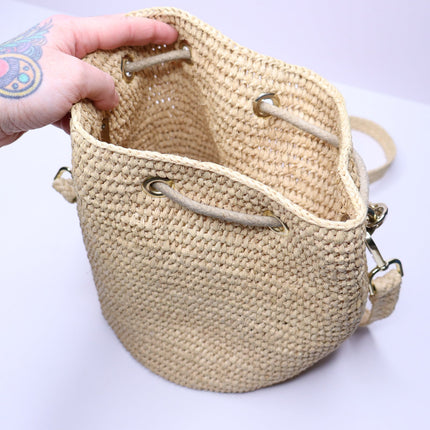PACO RABANNE Natural Raffia Bucket Bag Gold Chain Link Top Handle Crossbody Bag