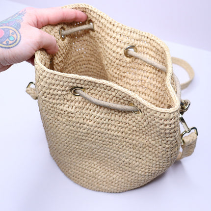 PACO RABANNE Natural Raffia Bucket Bag Gold Chain Link Top Handle Crossbody Bag