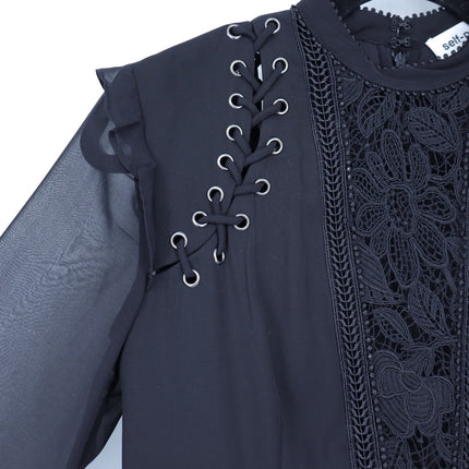 Self-Portrait Floral Guipure Blouse Black Lace Up Long Sleeve Women's 2