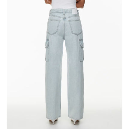 Denim Forum The Farrah Cargo Jeans Bleach Bleu NWT High Rise Women's 25