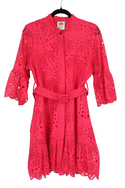 FARM RIO Red Palm Tree Eyelet Mini Dress Belted Long Sleeve Women's M