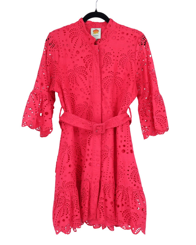 FARM RIO Red Palm Tree Eyelet Mini Dress Belted Long Sleeve Women's M