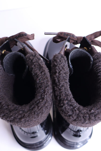 SEE BY CHLOÉ Florrie Shearling Rain Boots Black Brown Combat Women's 39/US 8