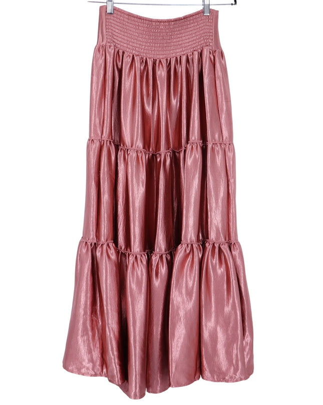 FREE PEOPLE Moonbeam Metallic Tiered Skirt Rose Gold Full Length Women's S