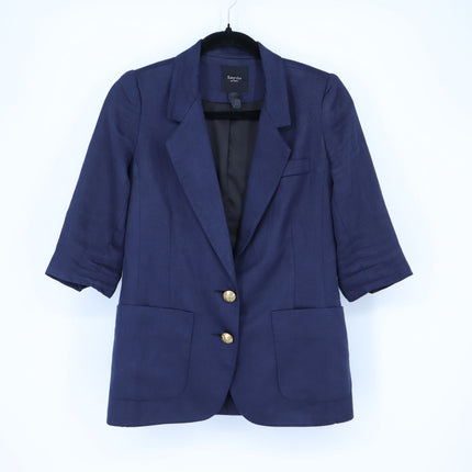 Smythe Linen Blazer Navy Blue 3/4 Sleeve Single Breasted Women's 4