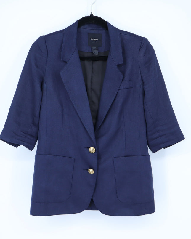 Smythe Linen Blazer Navy Blue 3/4 Sleeve Single Breasted Women's 4