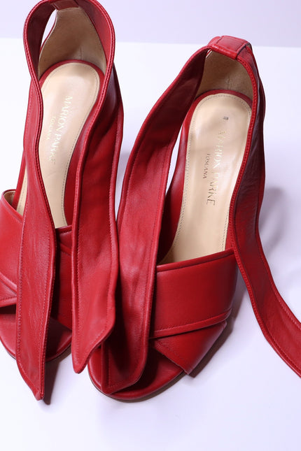 MARION PARKE Leather Ankle Tie Sandal Red Open Toe Blocked Heel Women's 38/US 8