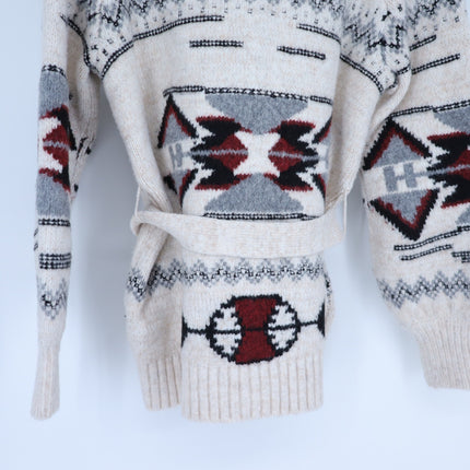 Saylor Vanisha Belted Sweater Cardigan Oatmeal Cabin Print Women's XS