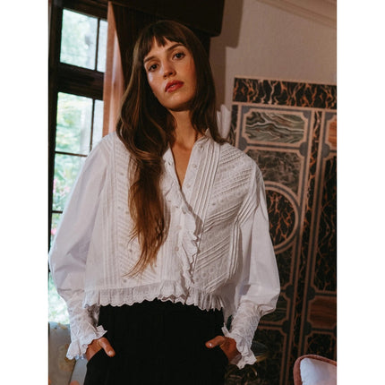 Mille Georgina Top White NWT Lace Button Front Long Sleeve Blouse Women's XS