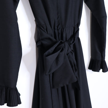 VICTOR COSTA Vintage 90s Midi Dress Black Ruffled Trim Long Sleeve Women's 4