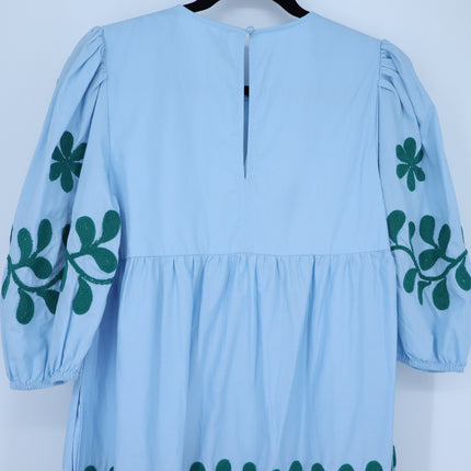 by ANTHROPOLOGIE Embroidered Midi Dress Light Blue Puff Sleeve Women's XS
