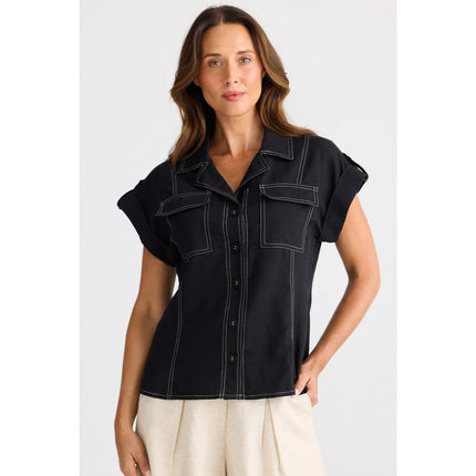 Brave + True Portia Shirt Black Contrast Stitch Roll Tab Sleeve Women's XS