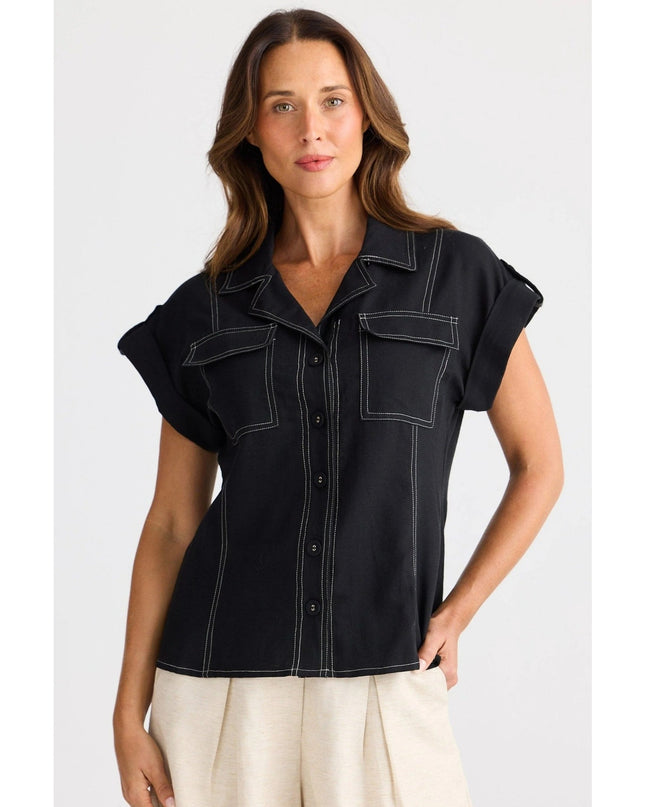 Brave + True Portia Shirt Black Contrast Stitch Roll Tab Sleeve Women's XS