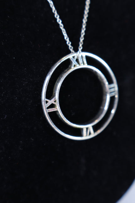 TIFFANY & CO Silver Atlas Pendant Chain Necklace Open Round Roman Clock Numerals