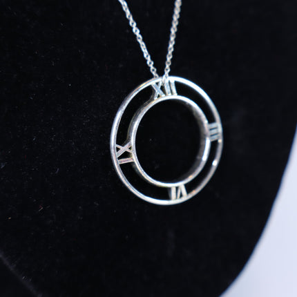 TIFFANY & CO Silver Atlas Pendant Chain Necklace Open Round Roman Clock Numerals