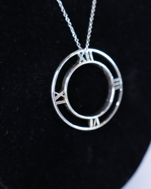 TIFFANY & CO Silver Atlas Pendant Chain Necklace Open Round Roman Clock Numerals