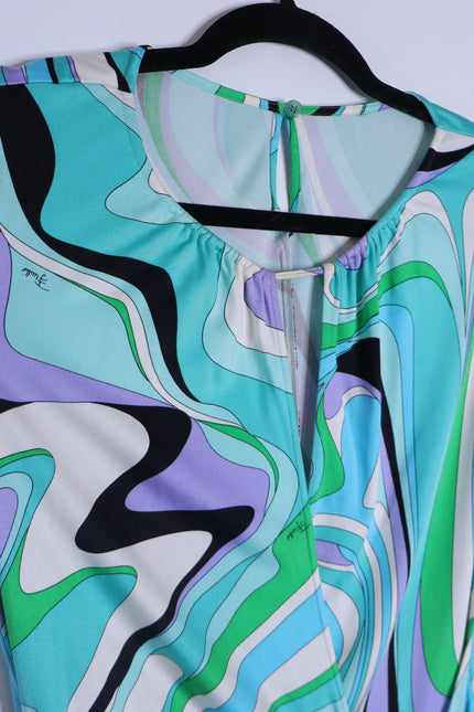 EMILIO PUCCI Blue Marmo Print Mini Dress Silk Faux Wrap Y2K Vtg Women's 40 US10