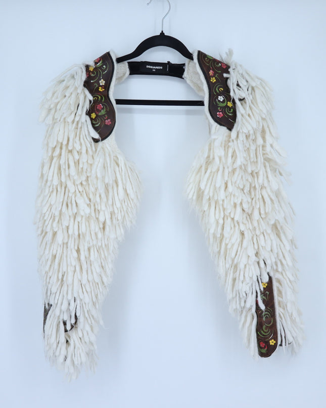 DSquared2 2018 Saddle Sleeves Western White Knit Wool and Leather Women's XS