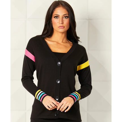Angel Striped Button Cardigan Sweater Black NWT Multicolor Long Sleeve Women's L