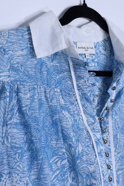 MISS JUNE Mona Button Up Blouse Blue Printed Cotton Short Sleeve Women's S/M