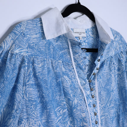 MISS JUNE Mona Button Up Blouse Blue Printed Cotton Short Sleeve Women's S/M