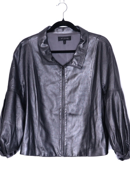 ST. JOHN Nappa Leather Jacket Dark Grey Silk Lined Half Sleeve Women's XL