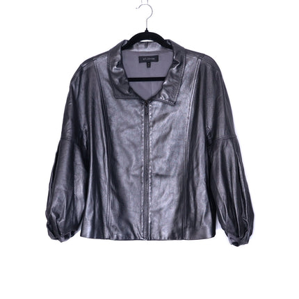 ST. JOHN Nappa Leather Jacket Dark Grey Silk Lined Half Sleeve Women's XL