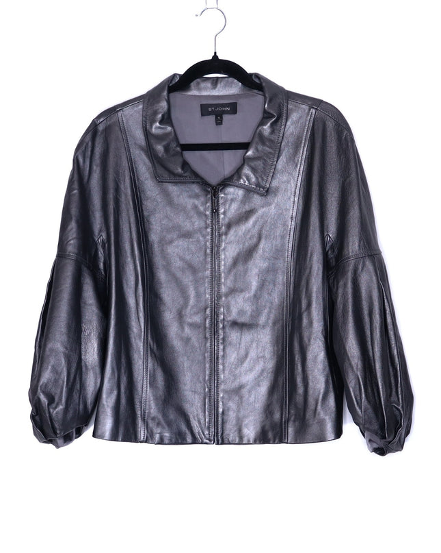 ST. JOHN Nappa Leather Jacket Dark Grey Silk Lined Half Sleeve Women's XL