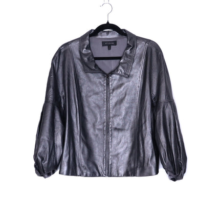 ST. JOHN Nappa Leather Jacket Dark Grey Silk Lined Half Sleeve Women's XL