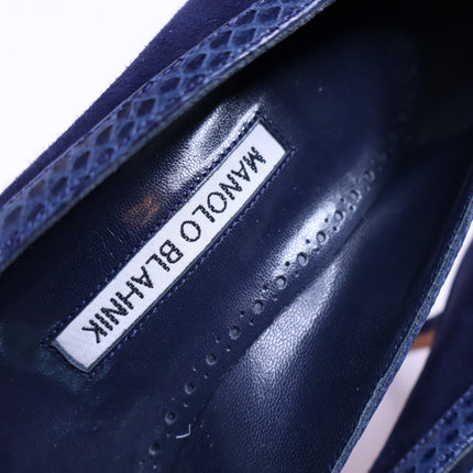 MANOLO BLAHNIK Monda Snake and Suede Pumps Navy Pointed Toe Heel Women's 38